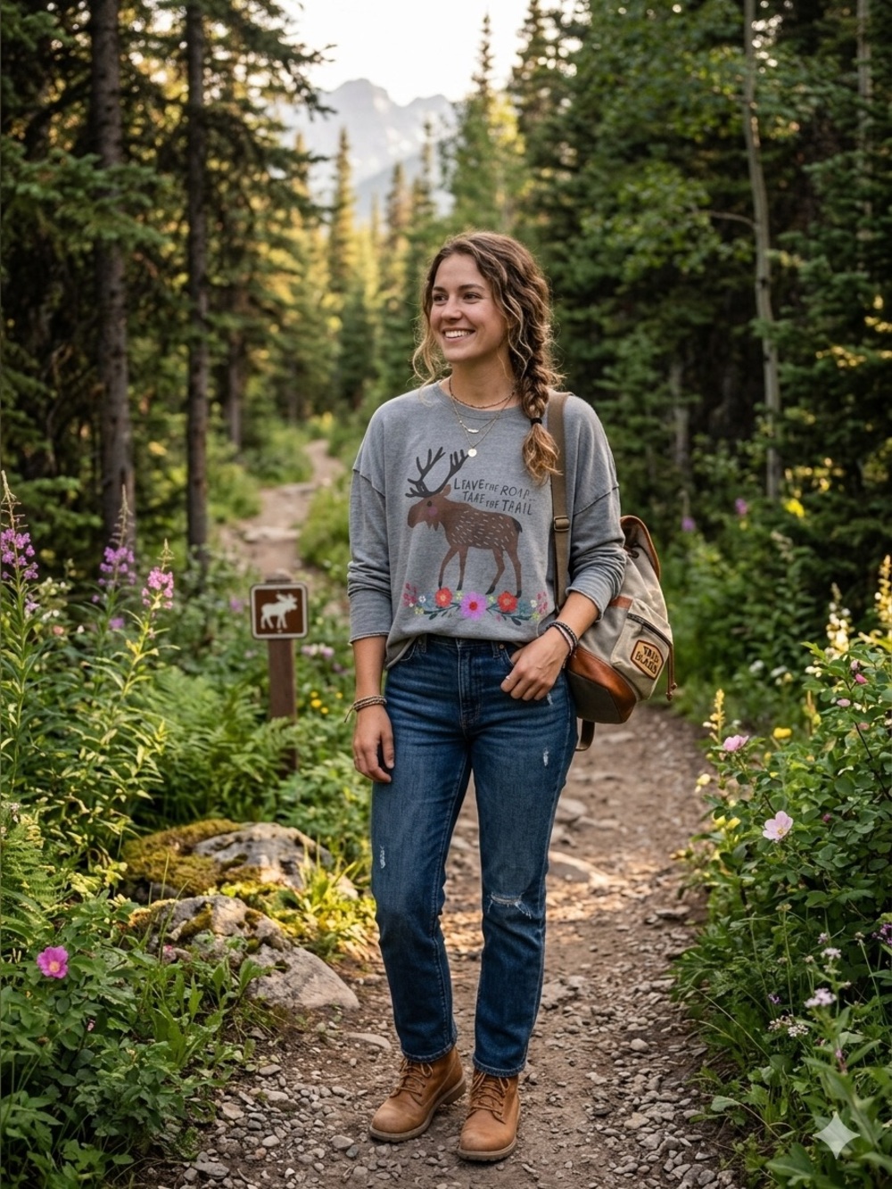 NATURAL LIFE Gray Long Sleeve Tee with Moose & Floral Graphic